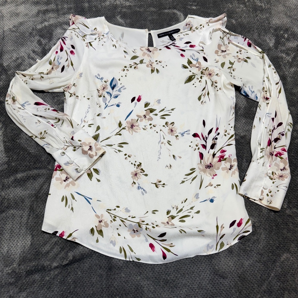 White House Black Market Floral Cold Shoulder Ruffle Blouse Ivory Size 10 802937